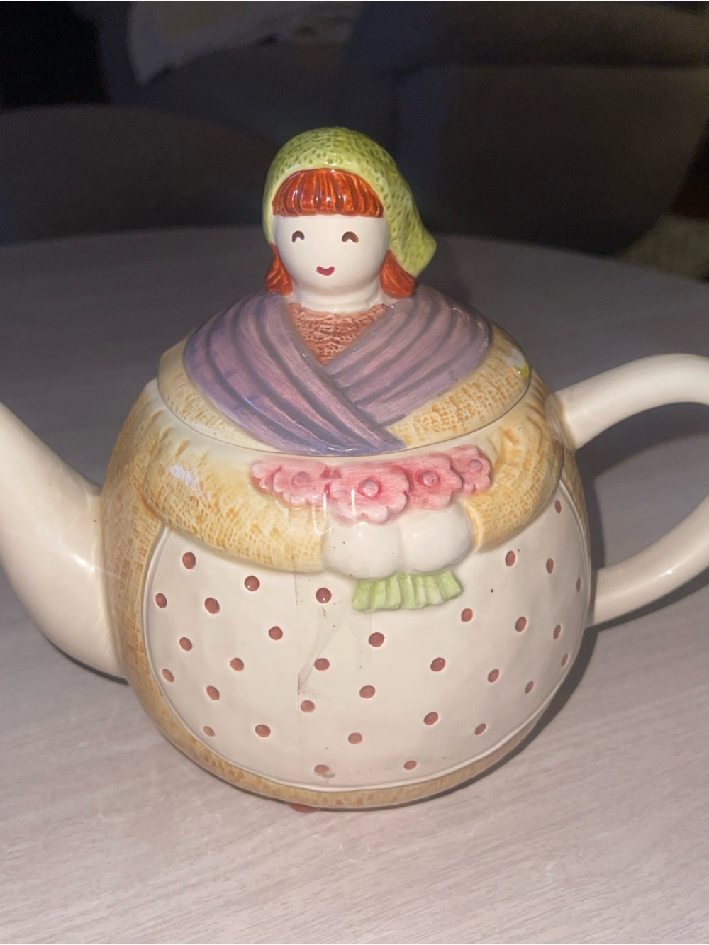 Vintage 1992 H&HD Lady With Flowers Ceramic Tea Pot 7" Tall Rare